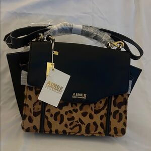 Aimee Kestenberg Black and Tan Leopard Satchel with Genuine Leather